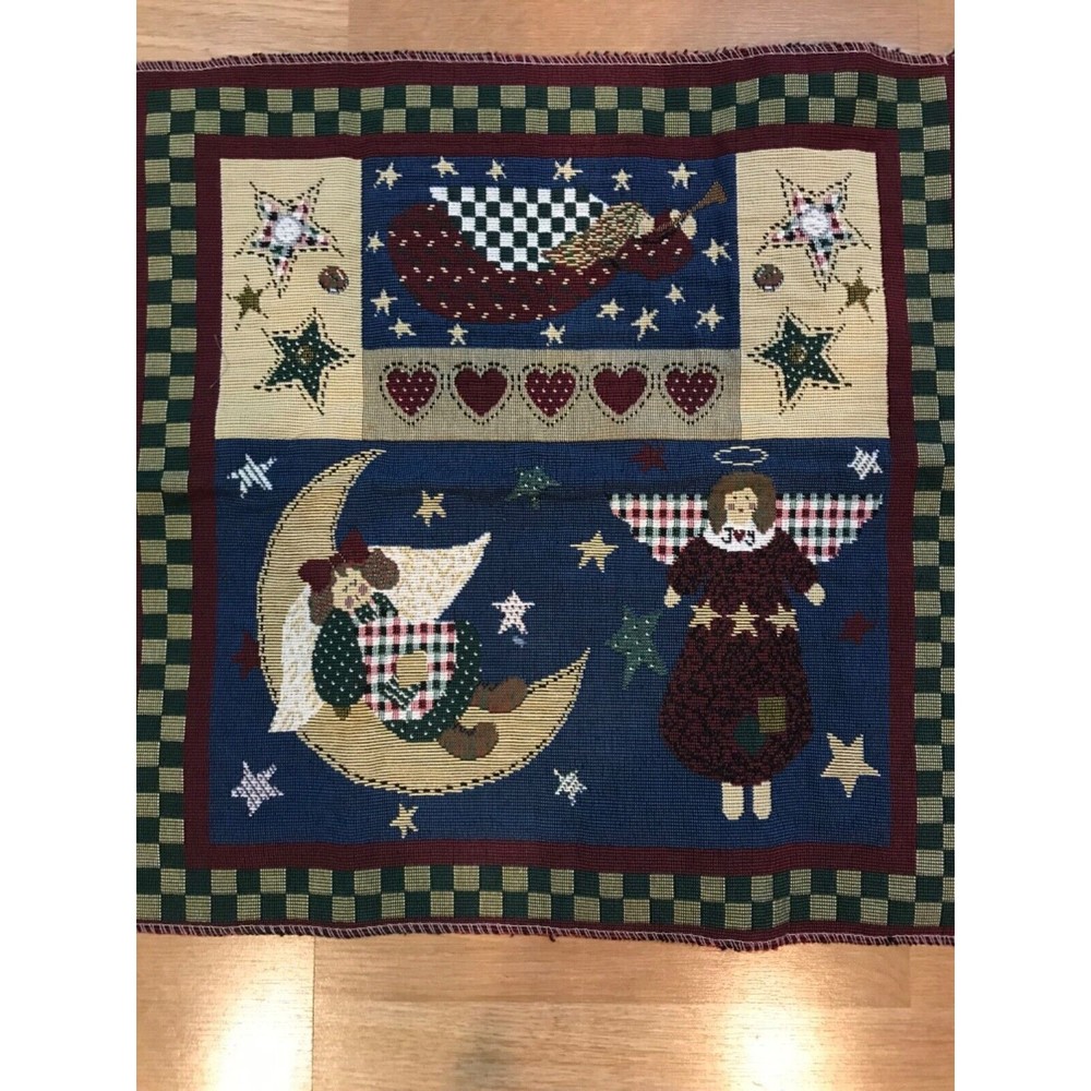 Christmas Pillow Country Farmhouse Angels Moon Stars 16" x 16" Tapestry Panel